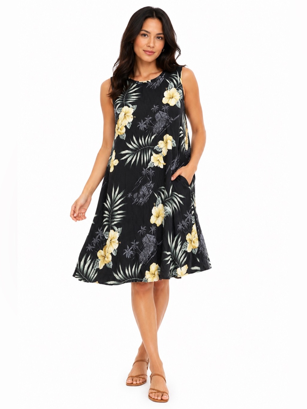 90s Vintage Hawaiian Rayon Tropical Hibiscus Palm Tiki Print Midi Dress (Black)M
